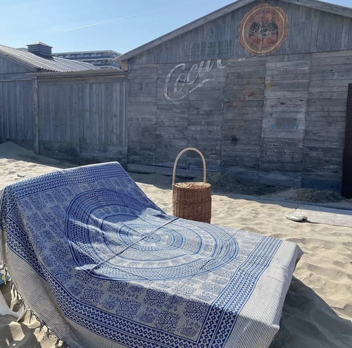 Ibiza laken blauw grijs gestreept met franje