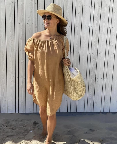 Linnen strapless  jurk zand