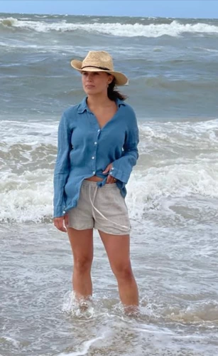 Korte linnen blouse jeans blauw